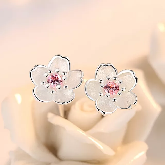 Pink Crystal Flower Earrings Stud 925 Sterling Silver Women Girls Jewellery gift