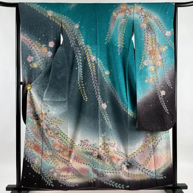Woman Japanese Kimono Furisode Silk Tsujigabana Pattern Gold Shibori BlueGray