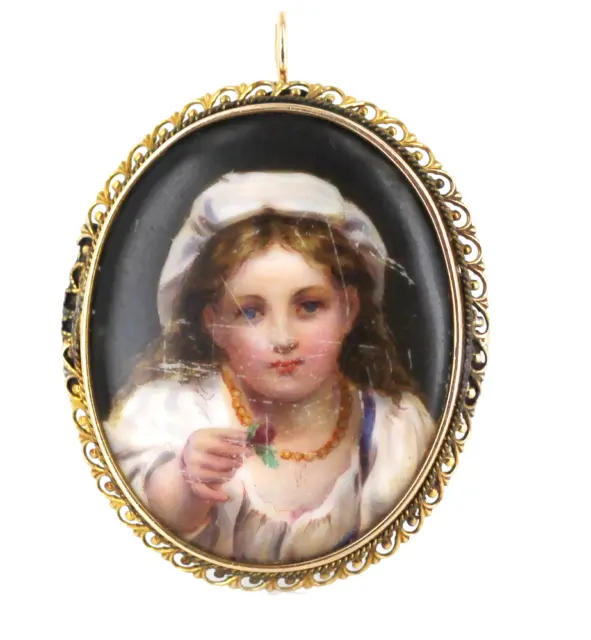 Antique 14K Gold Porcelain Portrait Peasant Girl  Plaque Victorian Pin Pendant