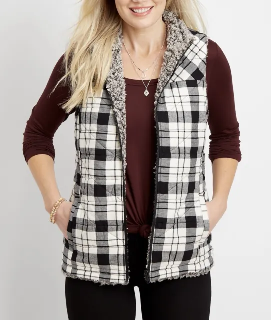 Maurices Black & White Buffalo Plaid Sherpa Lined Reversible Vest Small Women’s