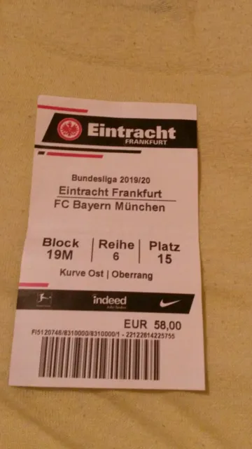 Used Sammler Ticket Eintracht Frankfurt vs FC Bayern München 1. BL 02.11.19 FCB
