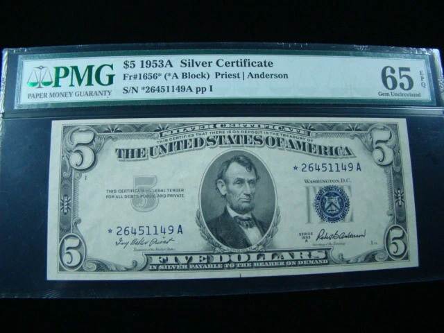 1953A $5 Fr#1656* Star Silver Certificate (*A Block) PMG 65 EPQ Gem *26451149A