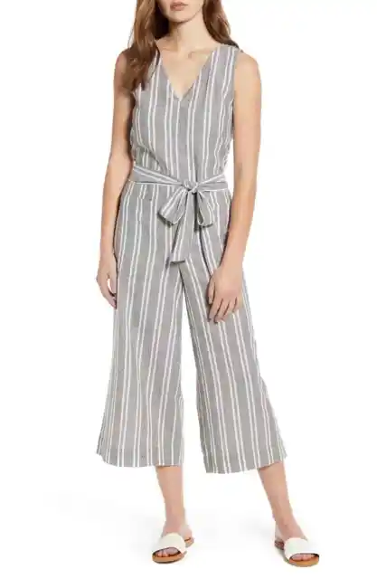 NEW Beach Lunch Lounge Sleeveless Linen Blend Striped Jumpsuit Size Large