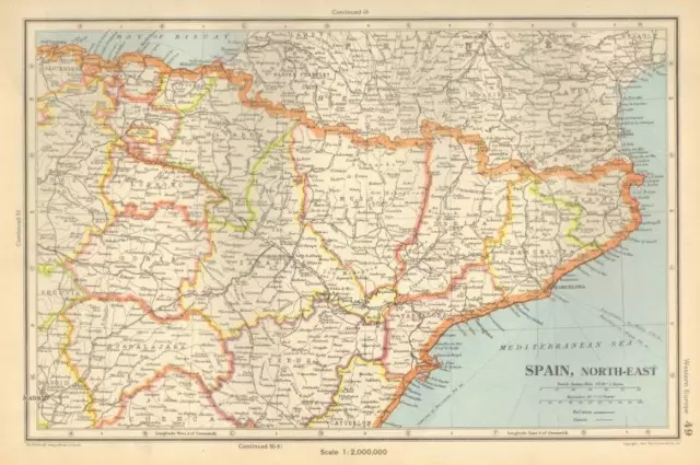 Antique Map 1947 Bartholomew Spain, North-East