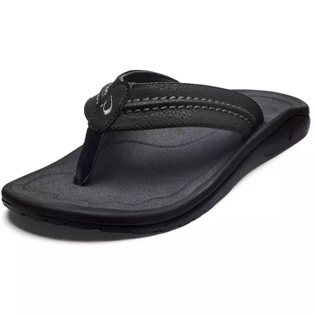 OLUKAI MENS HOKUA Black Slip On Thong Flip-Flops Shoes 9 Medium (D ...