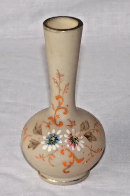 Decorative Antique Milk Glass Bulbous Posy Vase Flowers &  Floral Hand Painted