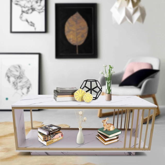 Rectangle Coffee Table 39.4" Living Room Table Large Size TV Stand Marble Print