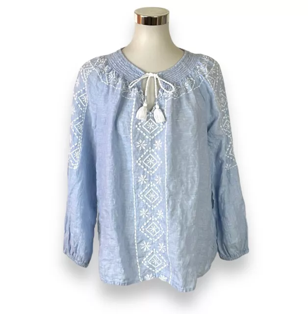 Joie Size Medium Light Blue Linen Peasant Top Blouse Tunic White Embroidery