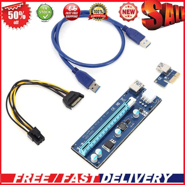 USB 3.0 Cable PCI-E Riser Card PCI Express 1X to 16X Extender 6Pin Power Adapter