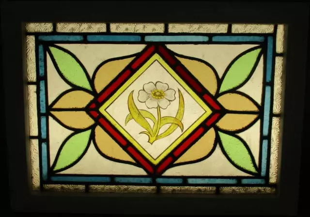 OLD ENGLISH LEADED STAINED GLASS WINDOW Hand Painted Floral 22.5" x 16.25"