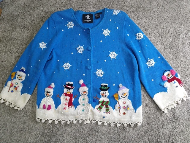 Vintage Michael Simon Snowmen  Blue Bling Women  Sweater Size M