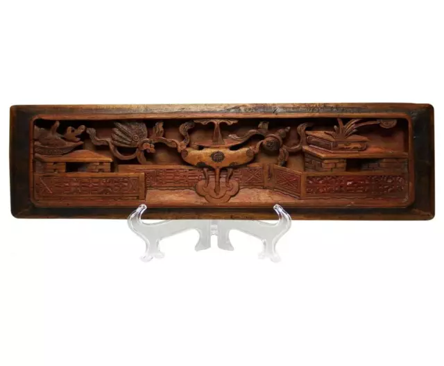 Antique Chinese Highly Detailed Carved Wood Hundred Antiques Pattern