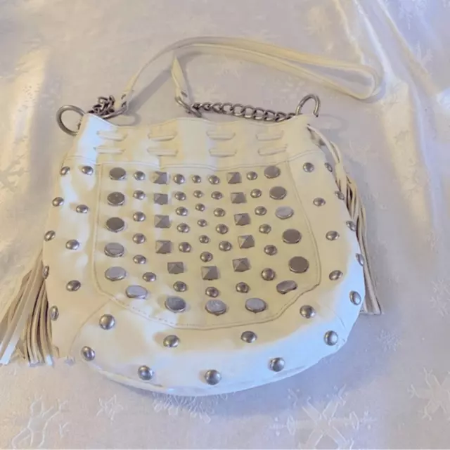 White Studded Shoulder Bag Handbag White Vegan Leather Fringe Detail Gorgeous