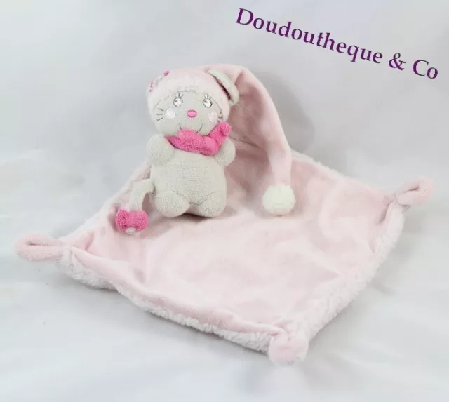 Doudou plat souris NICOTOY bonnet et mouchoir rose (CE/VA)
