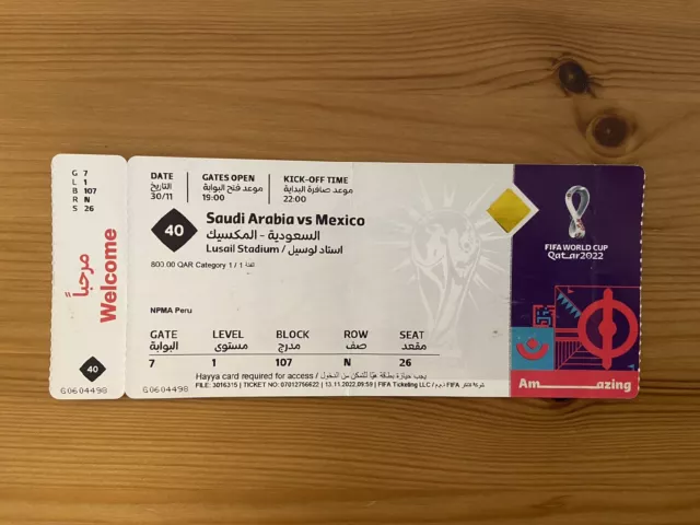 Sammler Used Ticket #40 Saudi Arabia Mexico Saudi-Arabien Mexiko FIFA World Cup