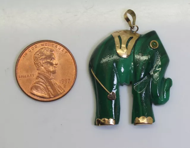 Beautiful Vintage Hand Carved 14K Gold Accented Malachite Elephant Pendant 2