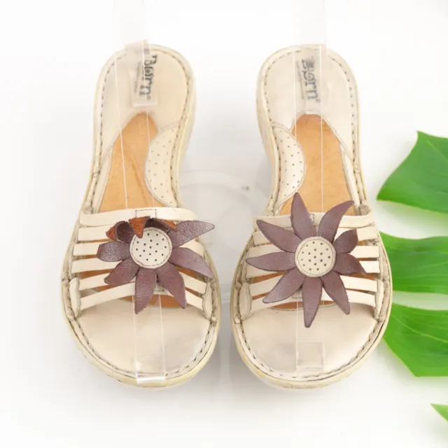 Born Women's Slide Sandal Size 7 White Leather Wedge Flip Flop Floral Opanka