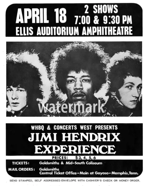 Jimi Hendrix 1968 Concert Poster, 8x10 B&W Photo