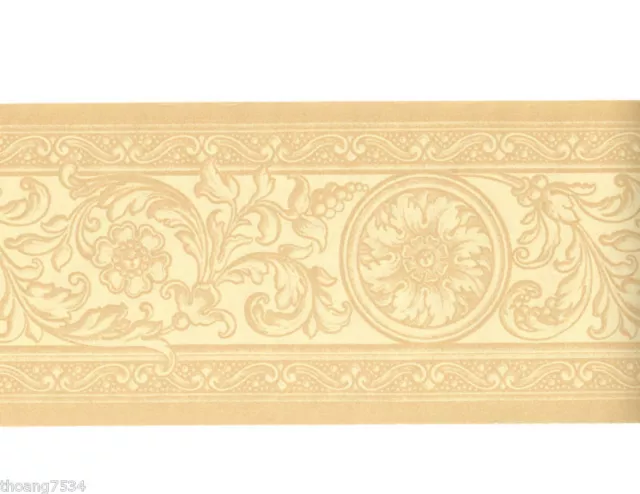 French Damask Golden Cream Beige Scroll Acanthus Leaf Medallion Wallpaper Border