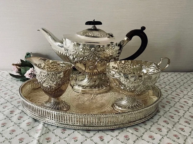 VICTORIAN JAMES DEAKIN & Sons Sterling Silver Tea Set Ribbon Rose