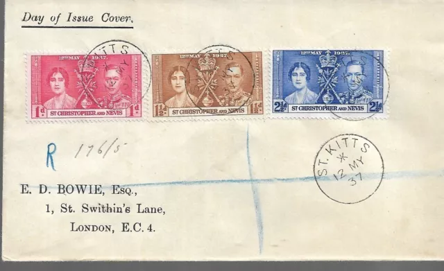 St Christopher & Nevis - 1937 KGVI Coronation Typed First Day Cover to GB 2664