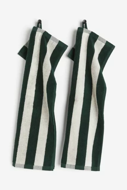 Pair of H&M 100% Cotton Striped Guest Towels 12" x 20" - Dark Green / Off White