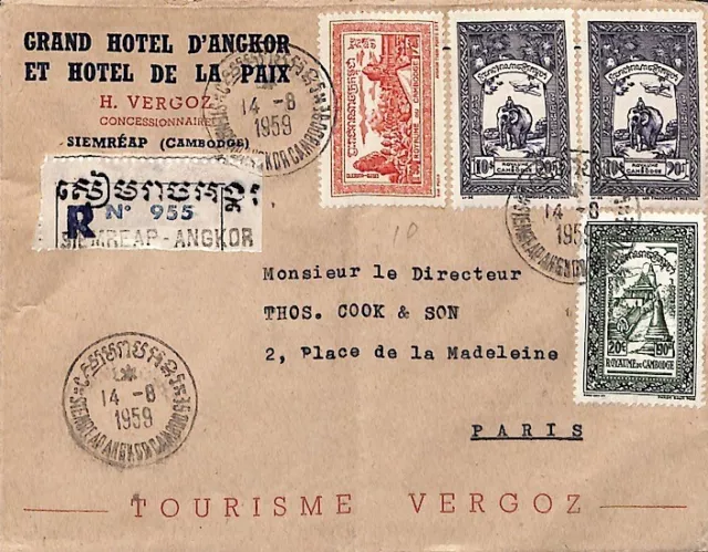 Cambodia registered cover to France 1959 multifranking Siemreap Angkor