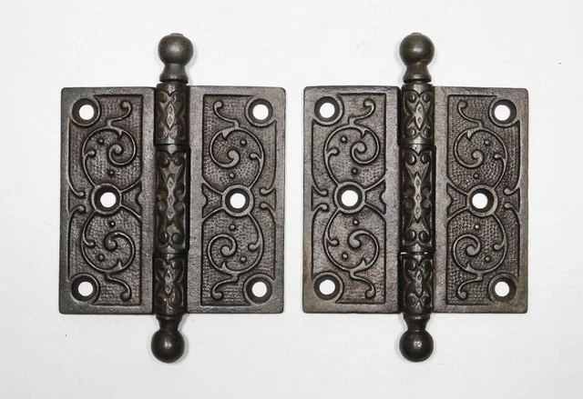 Pair Antique Ornate Cast Iron Hinges Ball Tips Loose Pin  1880's  Restored 3.5"