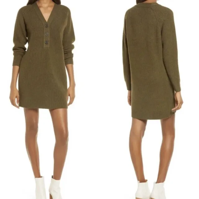 Madewell Henley Sweater Mini Dress Merino Wool Knit Pullover Olive Green Sz S