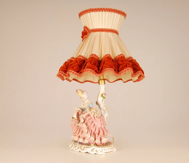 ANTIQUE GERMAN DRESDEN porcelain lace figurine lamp Volkstedt Marked