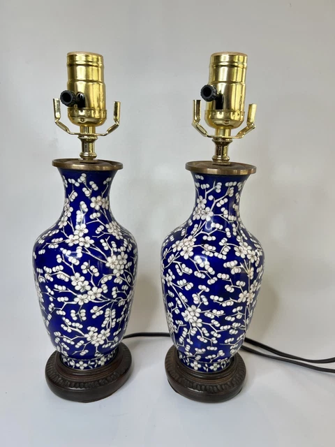 Pair Vtg. Cloisonne Metal 12” Table Lamps, Corded. Blue White On Brass. Read.