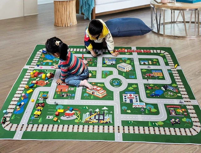 Alfombra para niños, alfombra de juego para coche de sala de juegos, alfombra de carretera City Life para coches, mapa divertido de la ciudad para