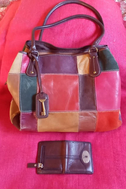 Fossil Large 16" x 11" Leather Patchwork Shoulder Bag Multicolor Nice!