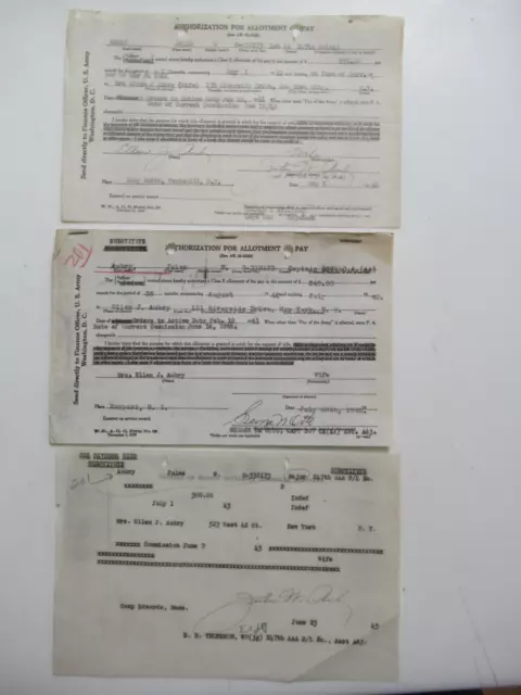 Lot of 3 WWII Authorization for Allotment Pay Forms 1942 & 1943