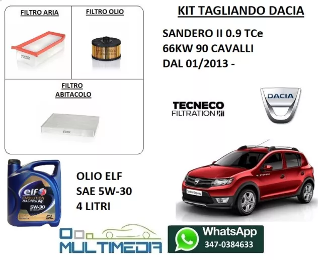 KIT TAGLIANDO FILTRI OLIO ORIGINALE ELF 5W-30 DACIA SANDERO II 0.9 TCe 66KW 90CV