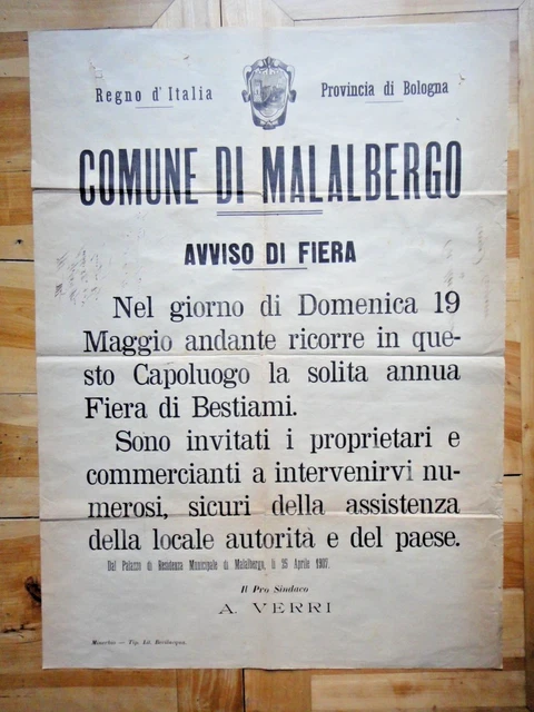 1907-COMUNE DI MALALBERGO-Avviso di Fiera-FIERA di BESTIAMI+