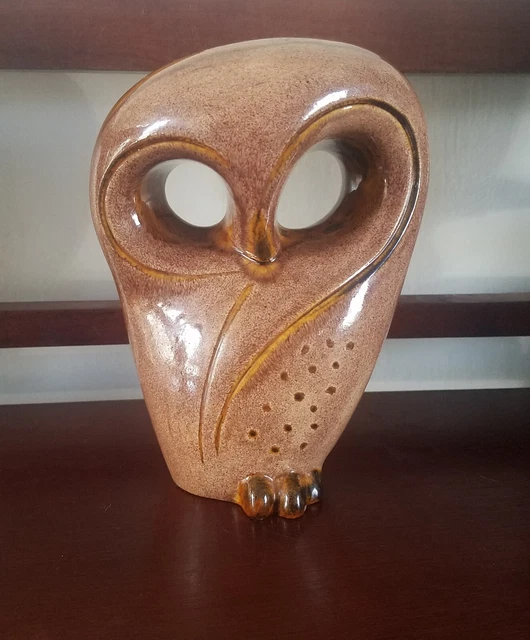Vintage MCM Handmade Art Pottery Abstract Owl with Faux Wood Glaze Artist Signed