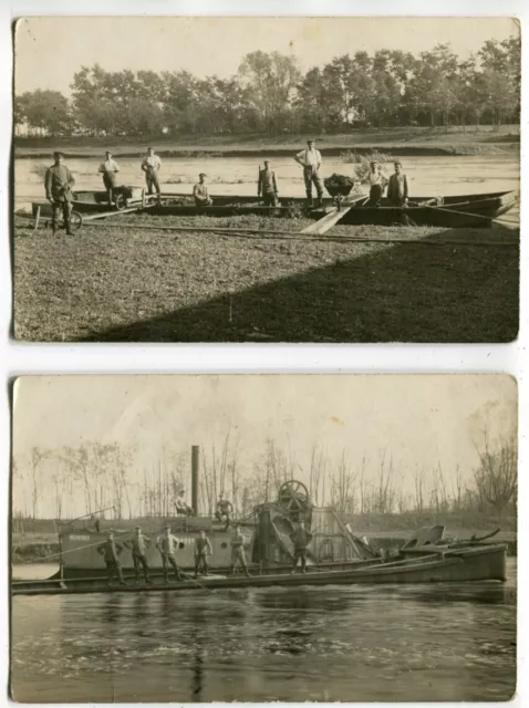 2 Foto-AKs Rhein-Schiff,Dampf-Bagger-Schiff,Mülhausen,Lastkahn,Arbeiter um 1910