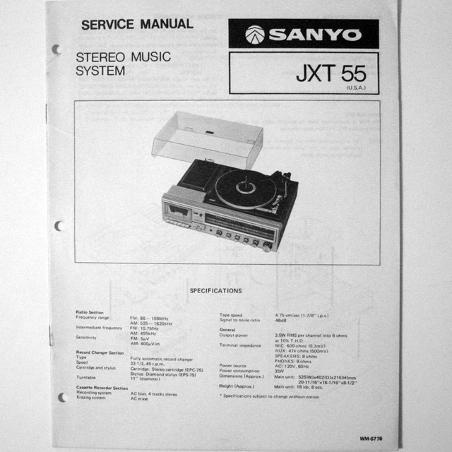 SANYO ® Model JXT55 Stereo Cassette Music System - Service Manual © 1981 New NOS SANYO ® Model JXT55 Stereo Cassette Music System - Service Manual © 1981 New NOS