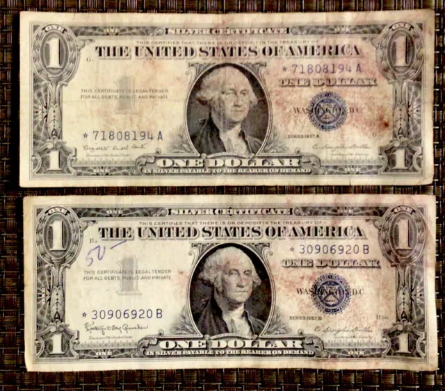 (2) 1- 1957A & 1-1957B One Dollar Blue Seal Silver Certificate Star Notes