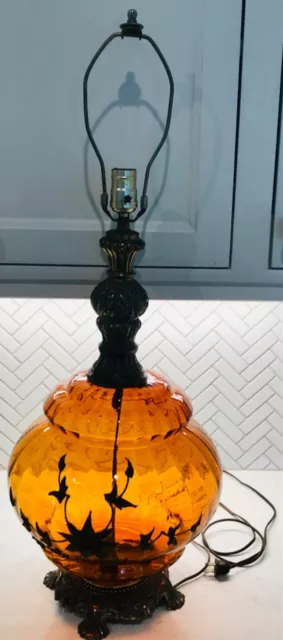 Vintage Mid Century Leviton Handblown Amber Glass Lamp 32' Brass Floral Design