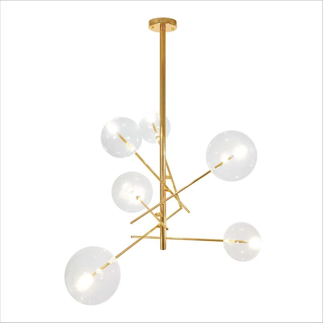 Golden Antique Brass Metal Clear Glass Globe Chandelier Ceiling Light with 6xG4