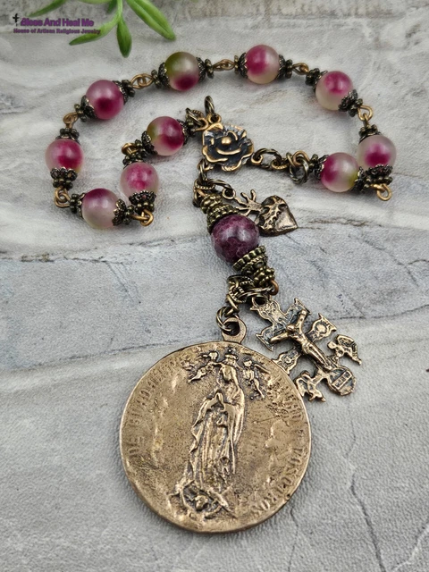Lady of Guadalupe Face of Jesus Caravaca Jade Vintage Bronze Ornate Chaplet