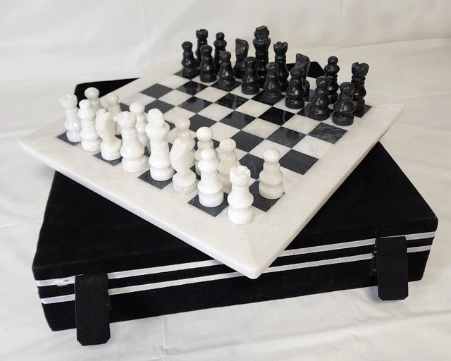 Chess Set Marble Onyx with Velvet Gift Case 12x12 in. Black/White Handmade NEW