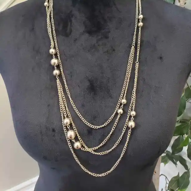 Women's Fashion Multi Strand Gold Tone Ball Chain Long Necklace with Lobster