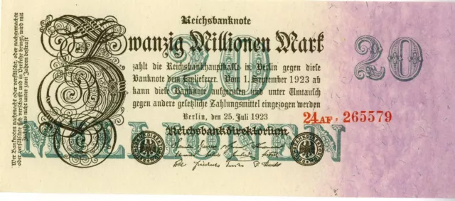 Bankfrische Reichsbanknote "Zwanzig Millionen Mark" 1923, Berlin, WZ Blätter