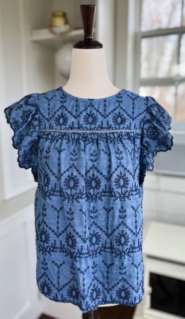 Crown & Ivy Cap Flutter Sleeve Chambray Embroidered Top Blue Size S