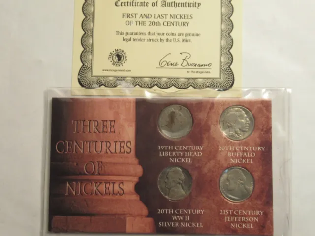 Three Centuries of US Nickels, 4 coins, 4 types, 1 silver, carded/COA