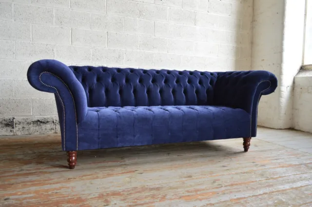 Handmade 3 Seater Plush Navy Blue Velvet Fabric Chesterfield Sofa, Couch