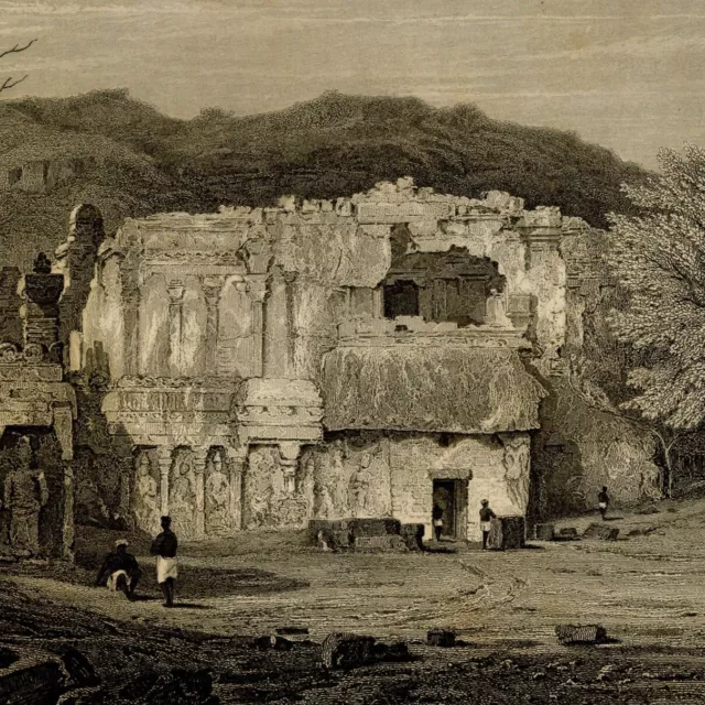 Inde Grottes de Ellora Vue du Kylas  - Gravure originale XIXe